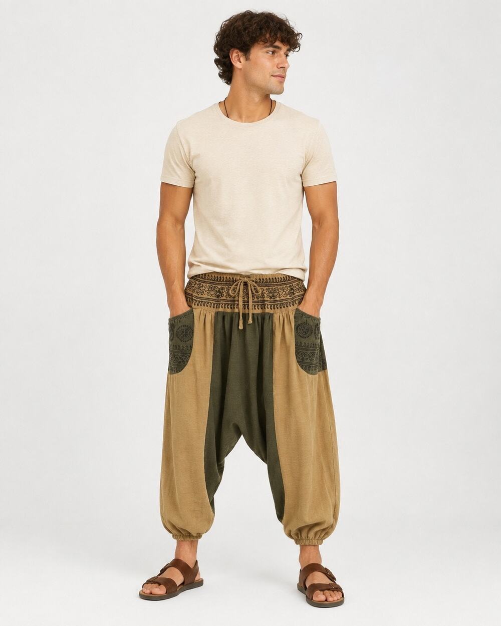 Mens Boho Harem Pants Tan Olive Paisley Drop Crotch Hippie Festival One Size